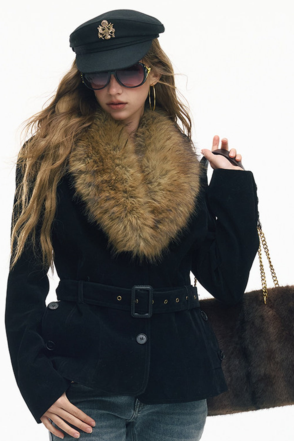 Belted Suede Fur Collar Jacket