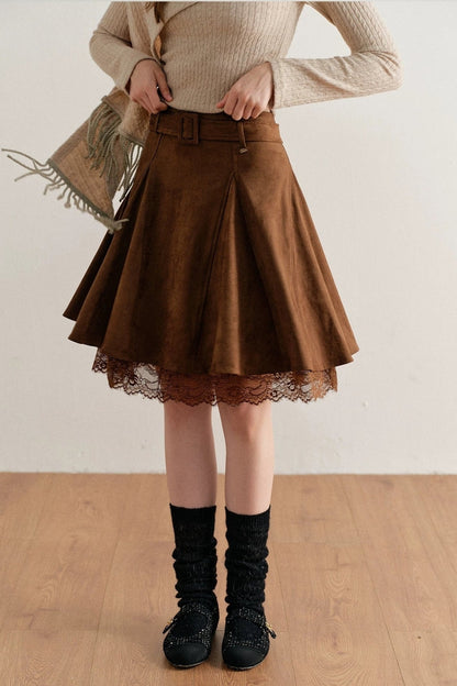 Faux Suede Lace Patchwork Skirt