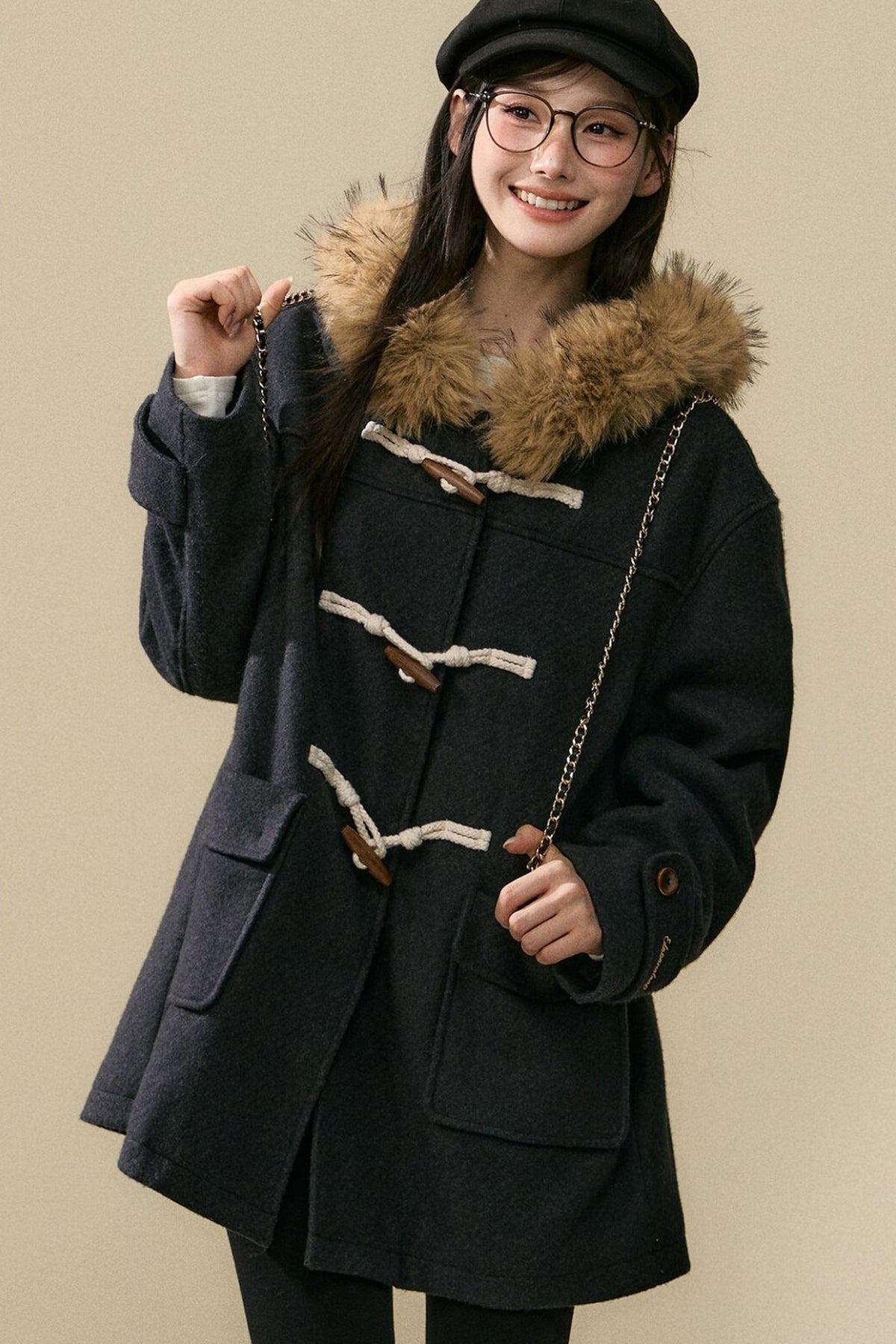 Wool Toggle Detachable Fur Collar Coat