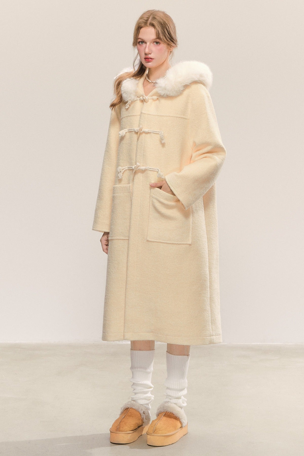 Mid-Length Hooded Wool Toggle Coat