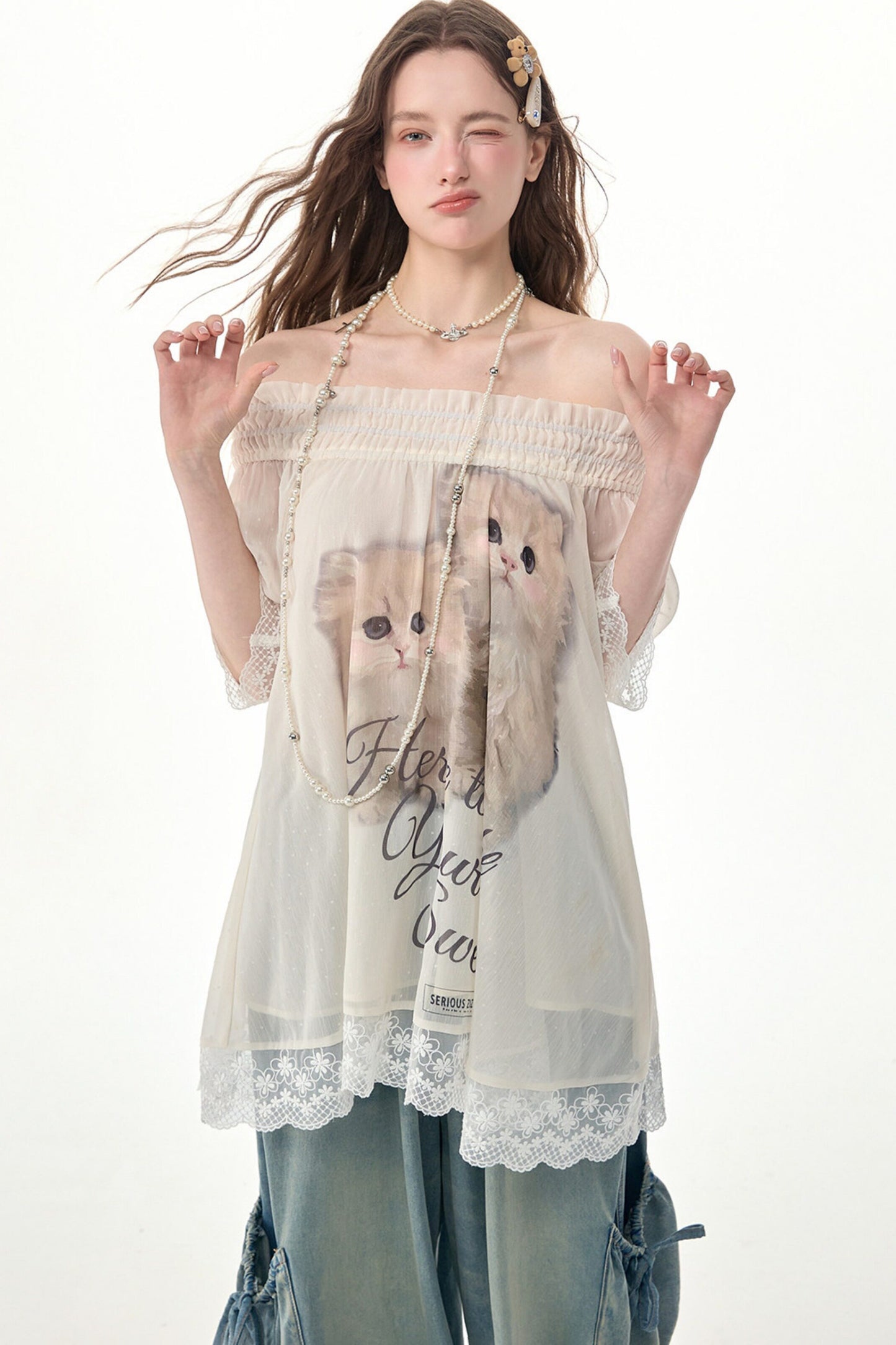 Cat Print Off-Shoulder Lace Trim Top