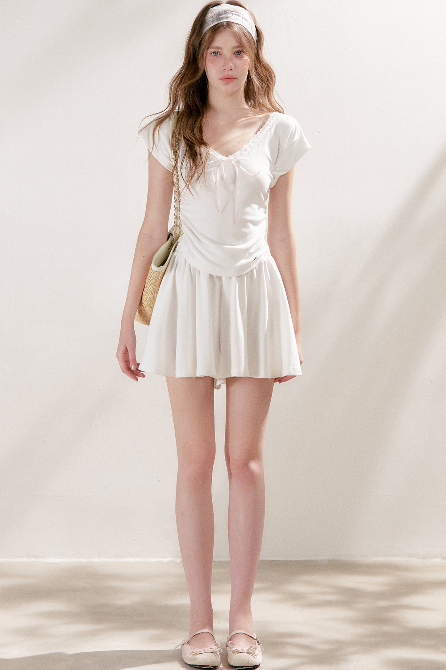 Lace Trim Tie-Up Top and High-Waisted Skirt Pants Set