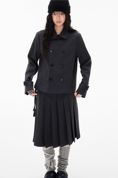 Double-Breasted Wool Coat and Pleated Skirt Set