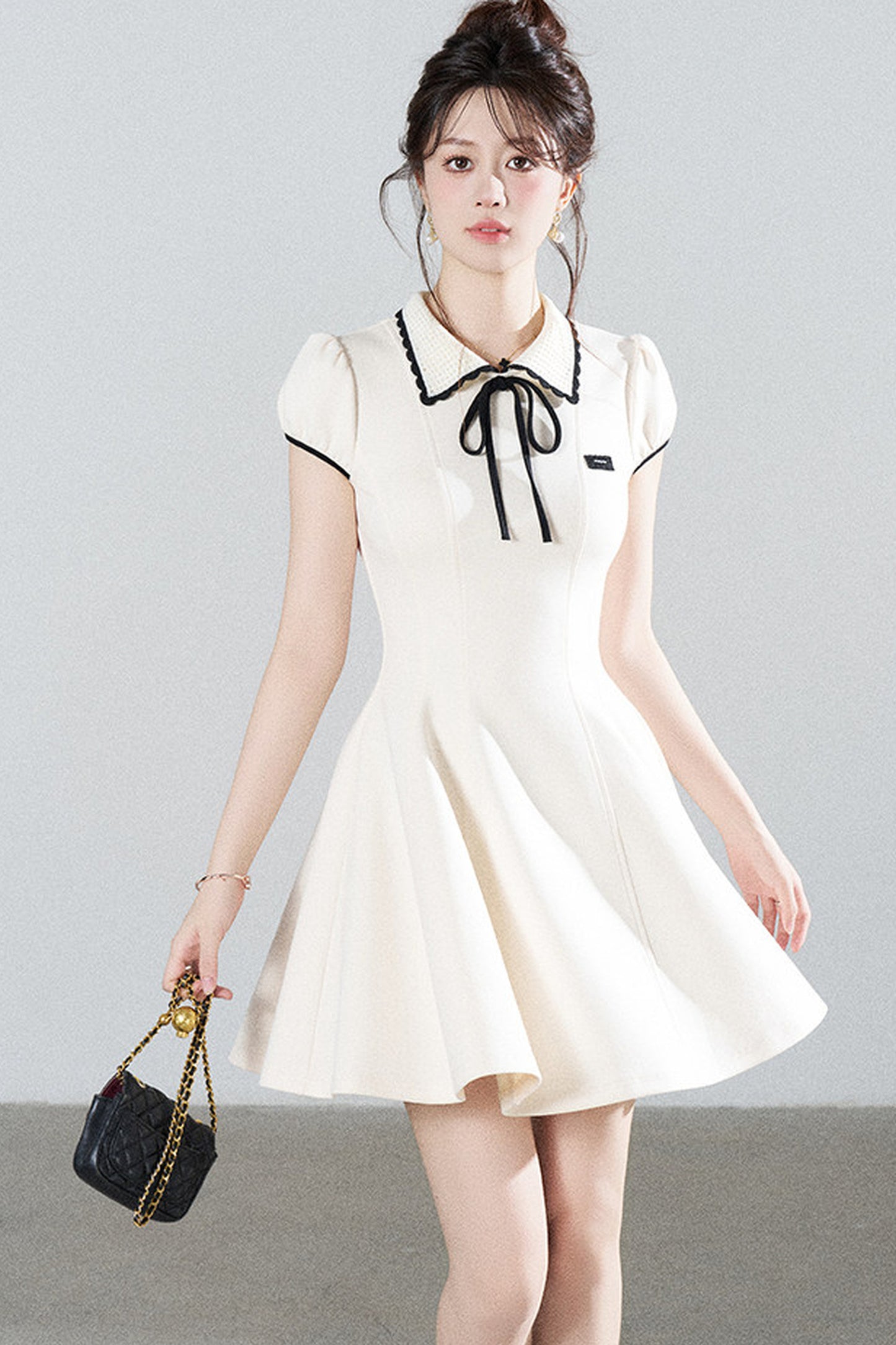 French Style Puff Sleeve Cinched Waist Dress