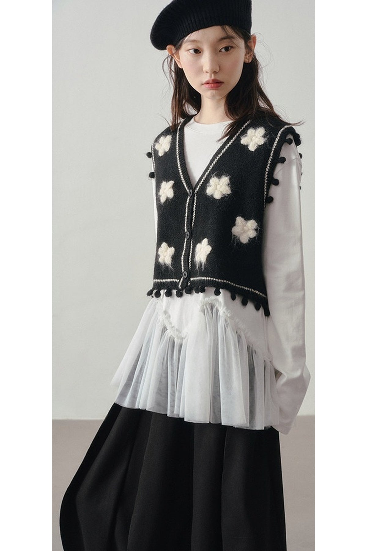 Wavy Hem Mesh Long Sleeve Top