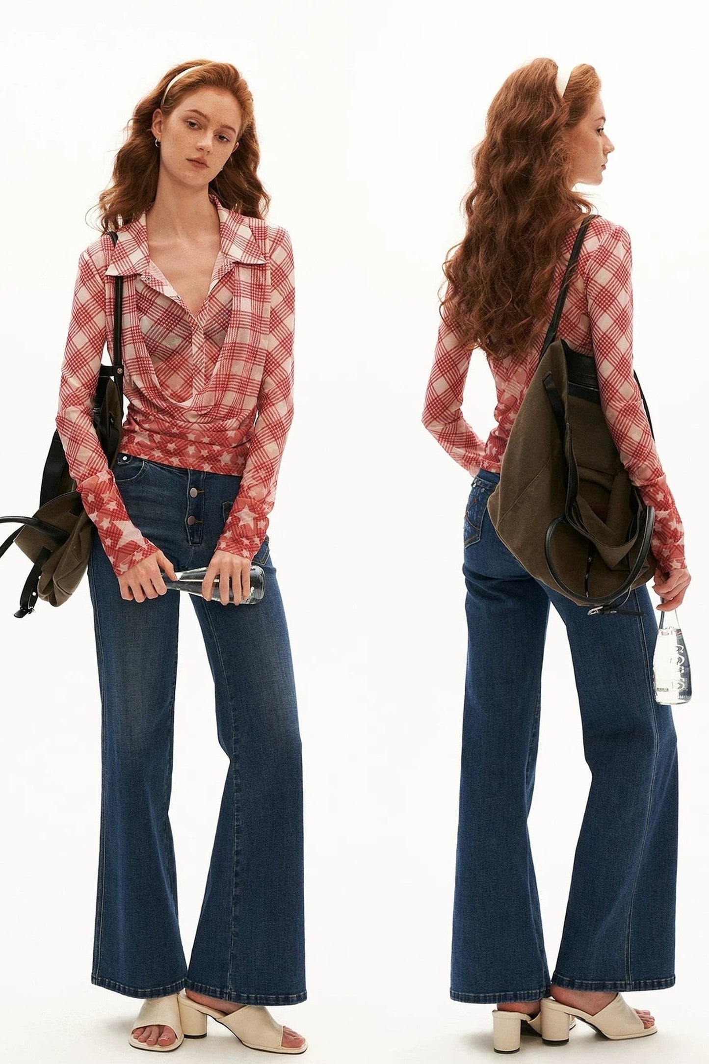 Layered-Look Plaid Long-Sleeve Blouse