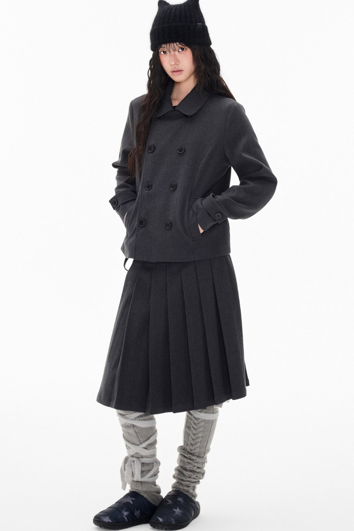 Double-Breasted Wool Coat and Pleated Skirt Set