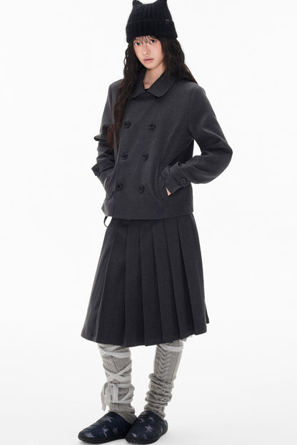 Double-Breasted Wool Coat and Pleated Skirt Set