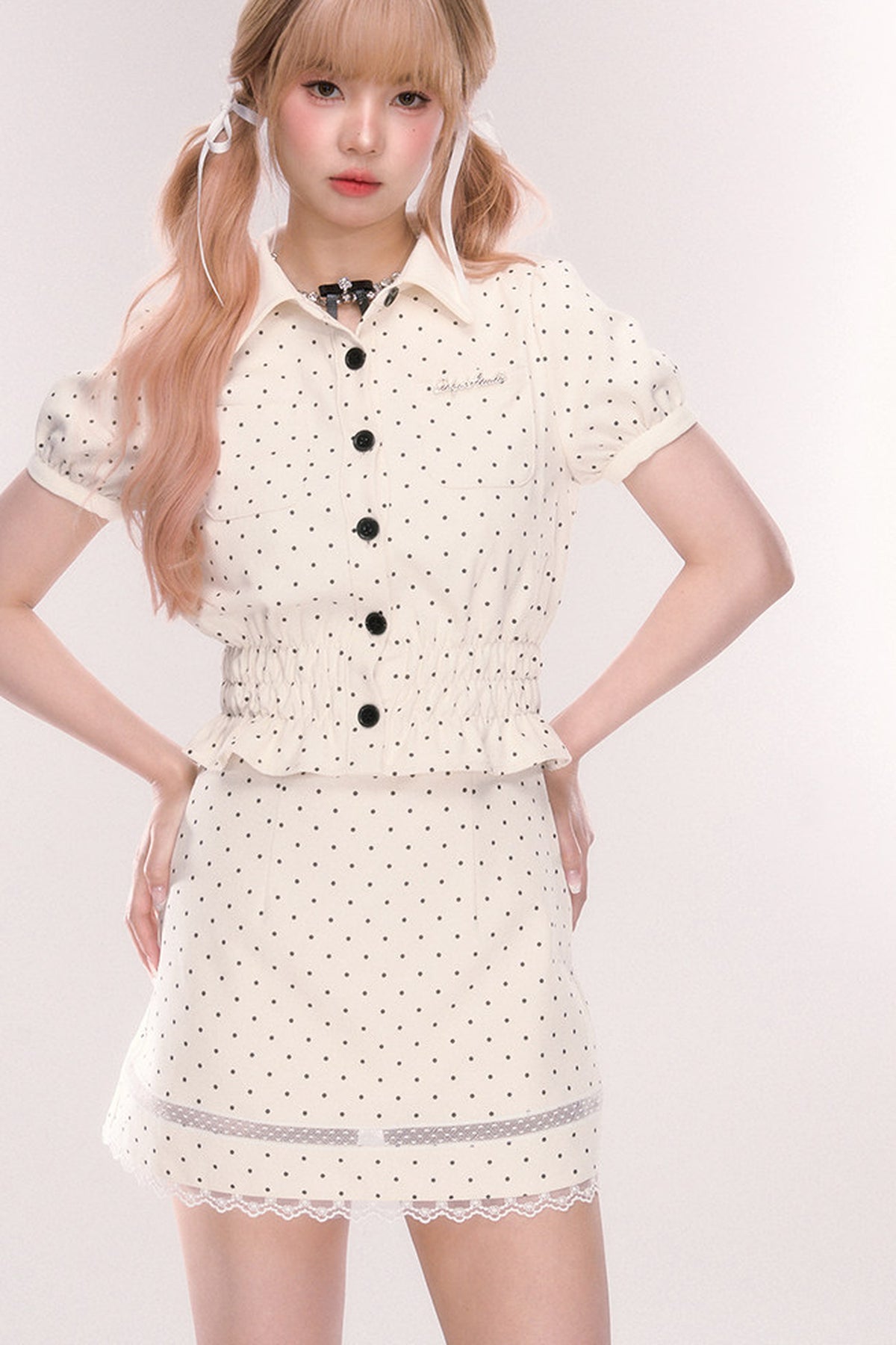 Polka Dot Babydoll Blouse Skirt Set-Up