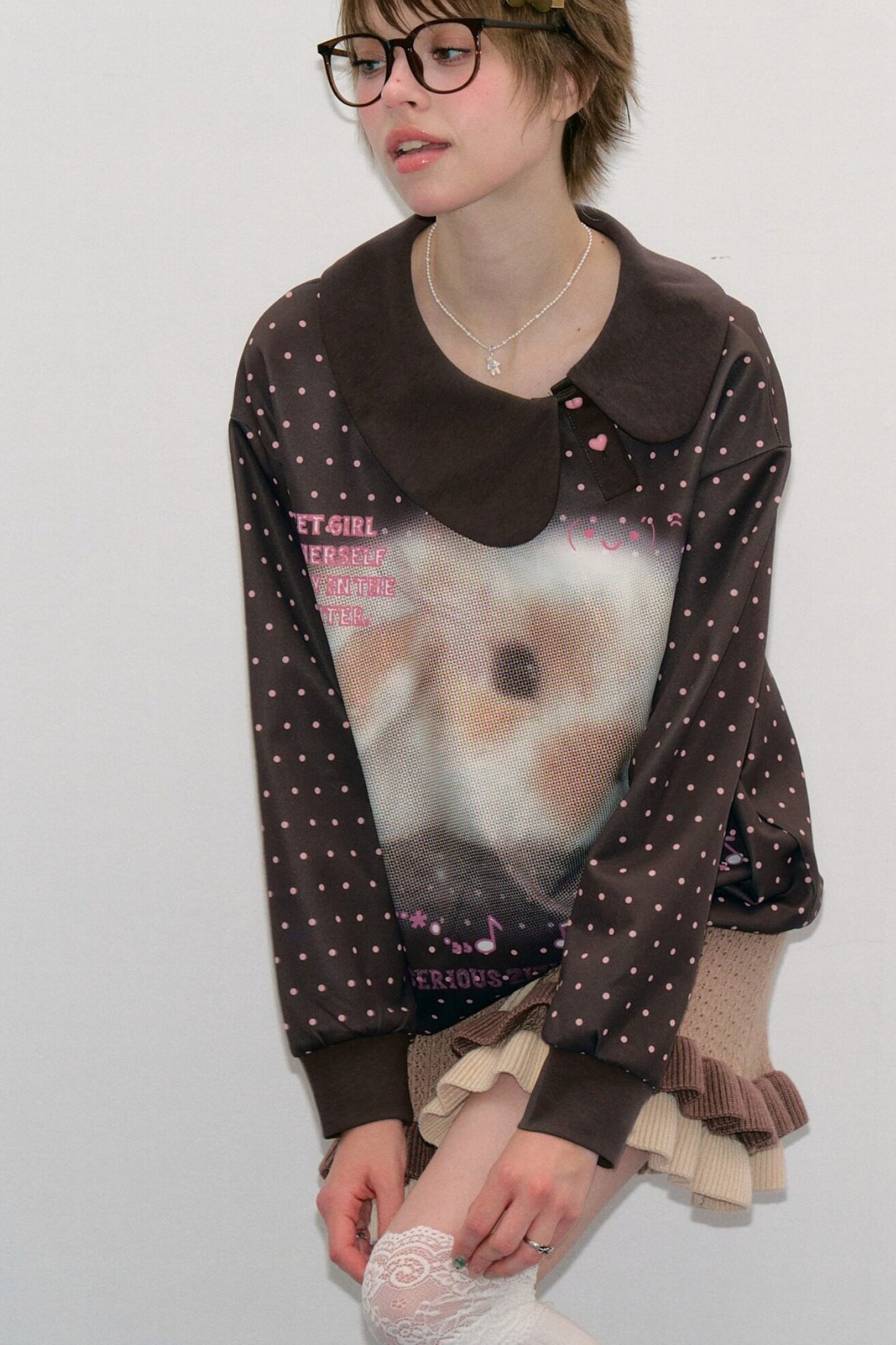Polka Dot Rabbit Print Doll Collar Sweatshirt