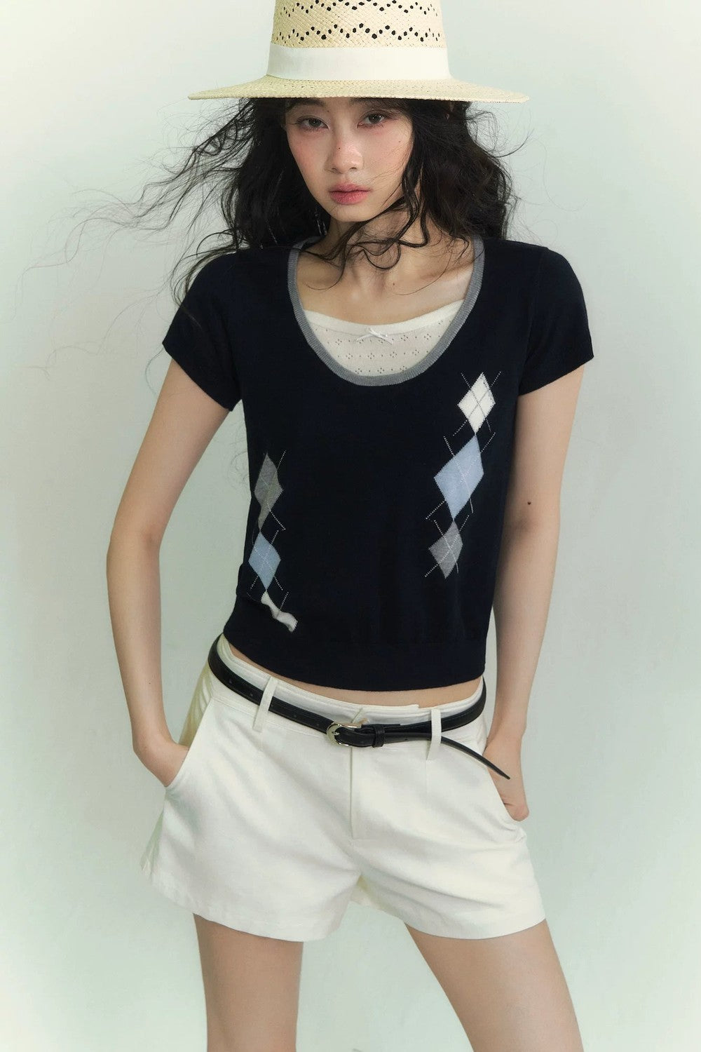 Diamond Pattern Fake Two-Piece Top