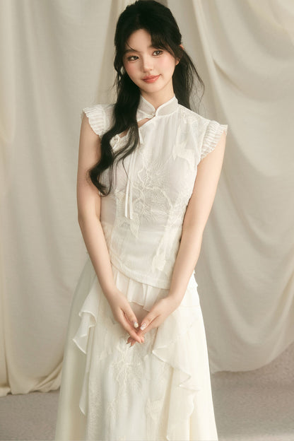 Embroidered Cheongsam Top and Ruffled Skirt Set-Up