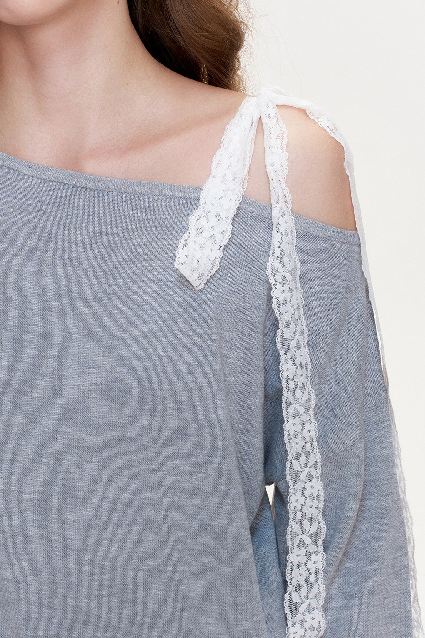 Wool Blend Off-Shoulder Lace Bow Knit Sweater and Pants Set-Up