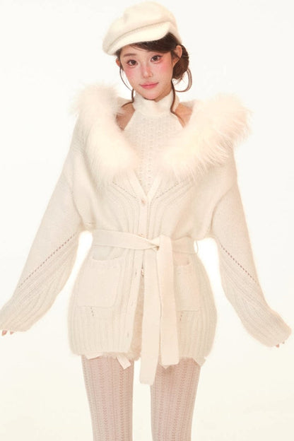 Completo 3 pezzi con canotta all'americana a maglia e cappotto
