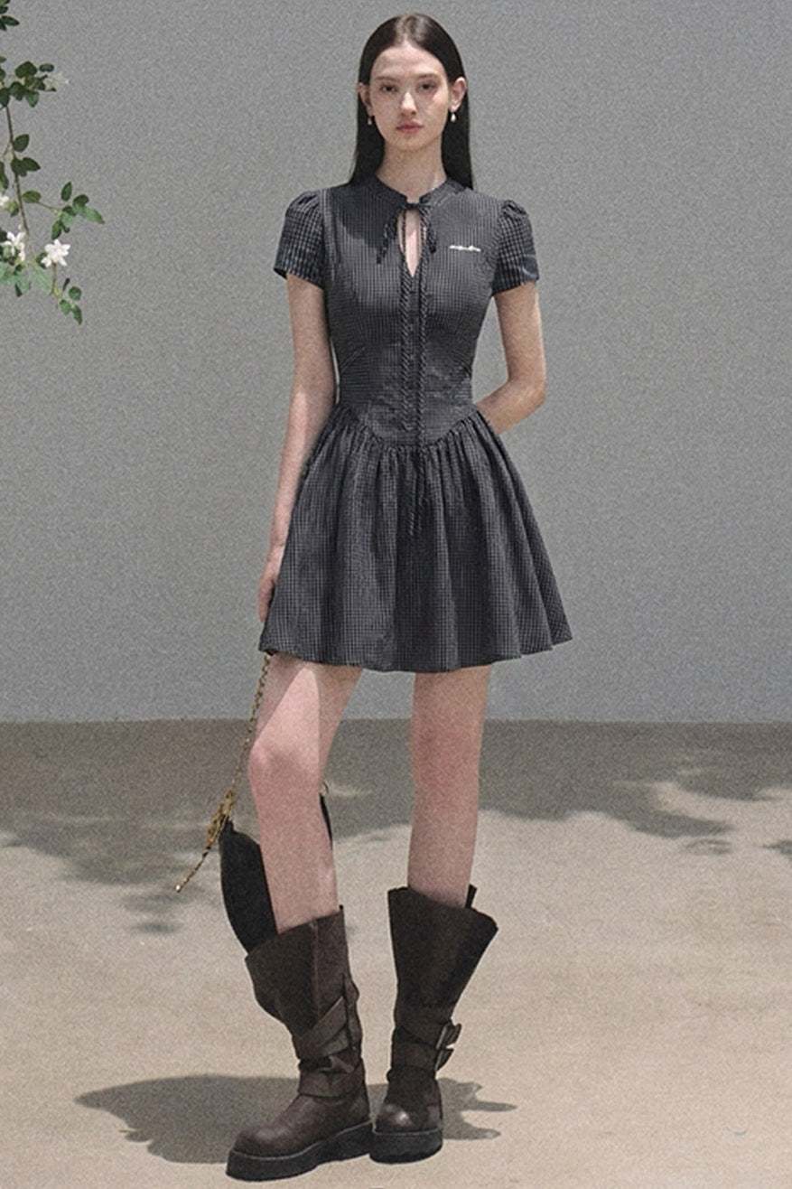 Short Sleeve Waist-Cinching Plaid Dress