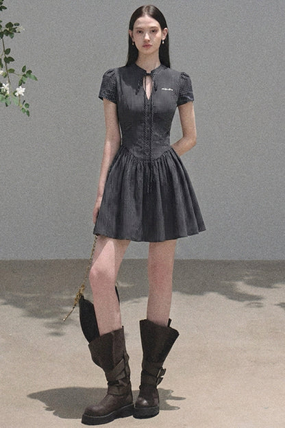 Short Sleeve Waist-Cinching Plaid Dress