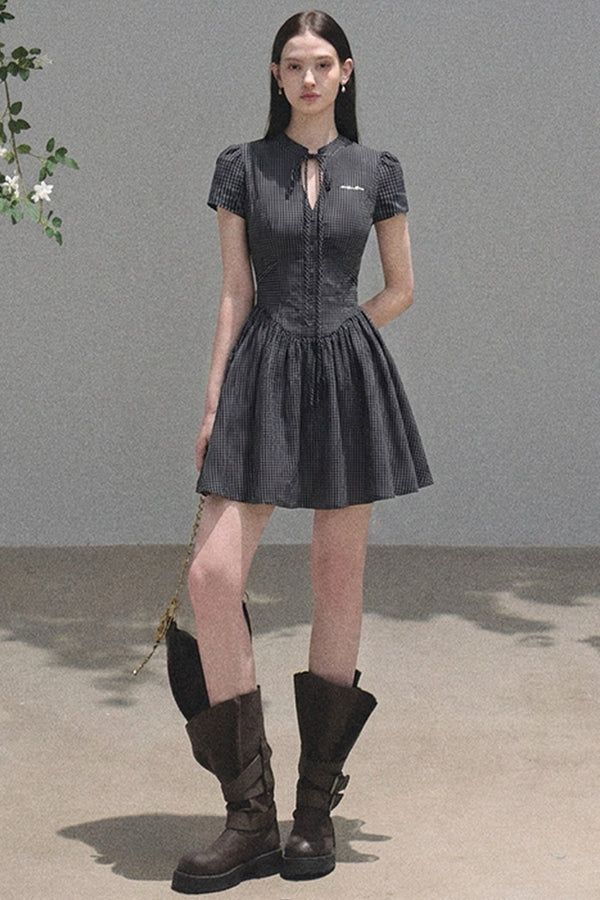 Short Sleeve Waist-Cinching Plaid Dress