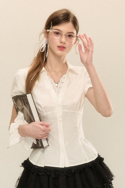 White Pleated V-Neck Short-Sleeve Shirt