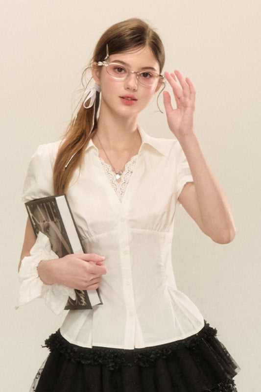 White Pleated V-Neck Short-Sleeve Shirt