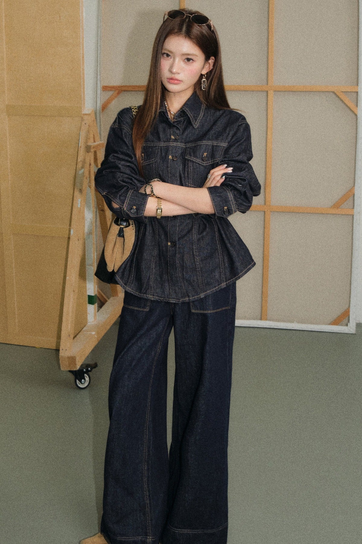 Waist-Cinching Denim Shirt and Flared Jeans Set-Up