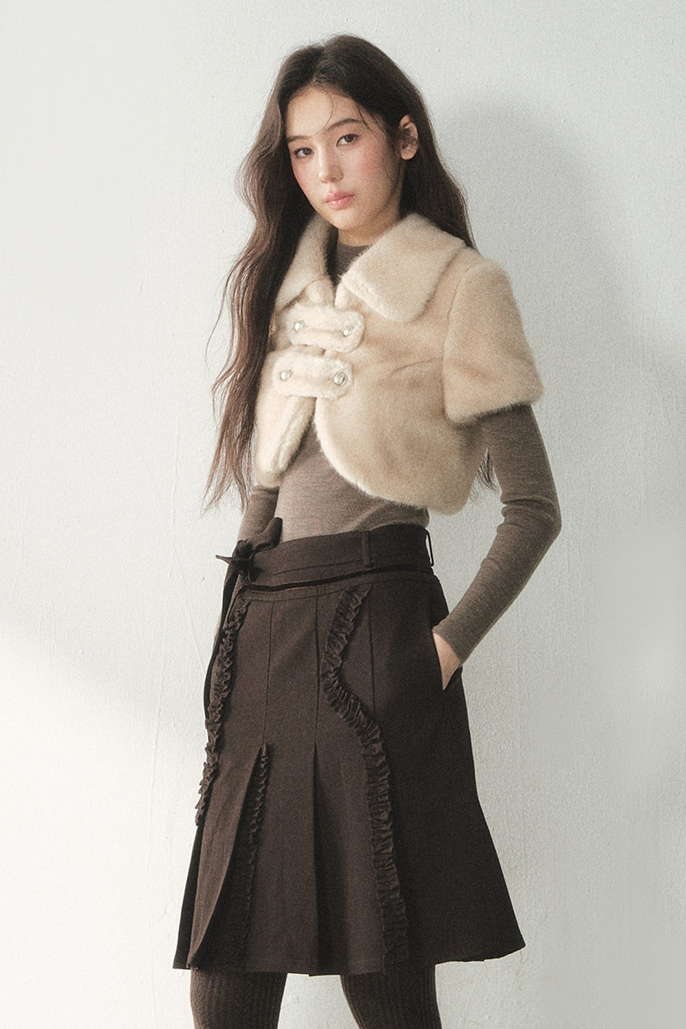 Short-Sleeved Faux Fur Double-Breasted Jacket