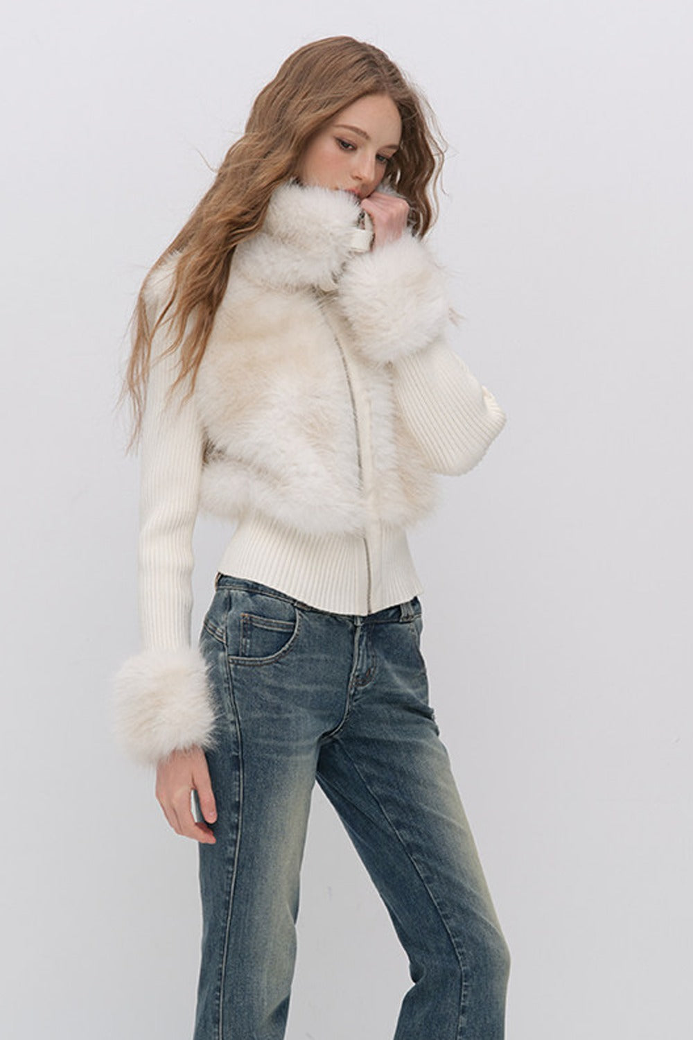 Layered-Look Fur Patchwork Knit Jacket