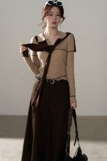 Pullover Shawl Knit Top and Skirt Set-Up