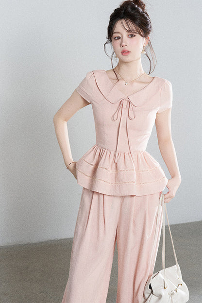Ensemble chemise rose en Tencel à col Claudine et pantalon large