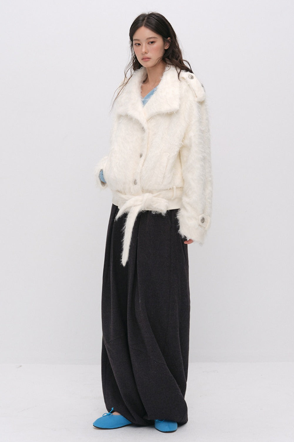 Faux Fur Diagonal Placket Tie Waist Jacket