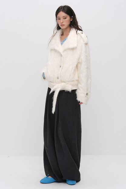 Faux Fur Diagonal Placket Tie Waist Jacket