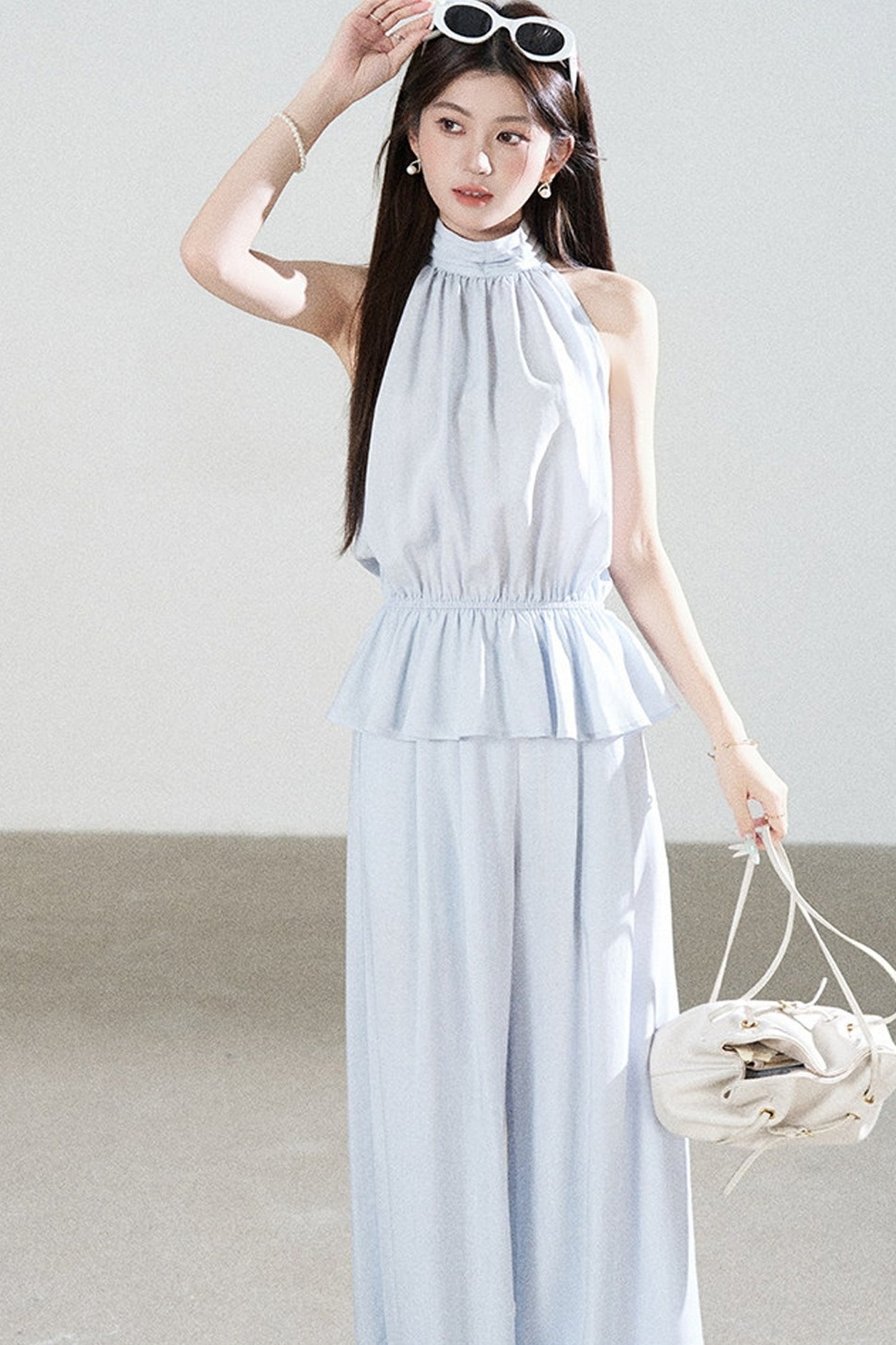 Blue Tencel Halter Shirt and Wide-Leg Pants Set