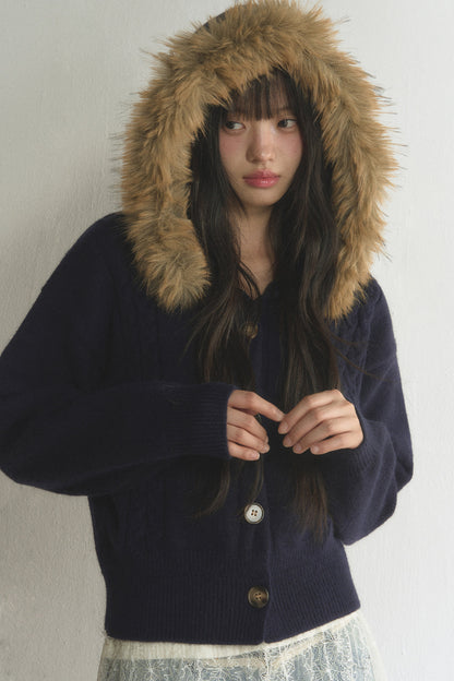 Fur Collar Hooded Cable Knit Cardigan Set-Up