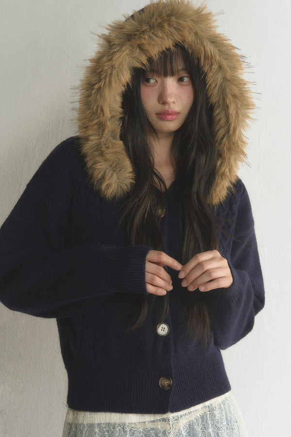 Fur Collar Hooded Cable Knit Cardigan Set-Up