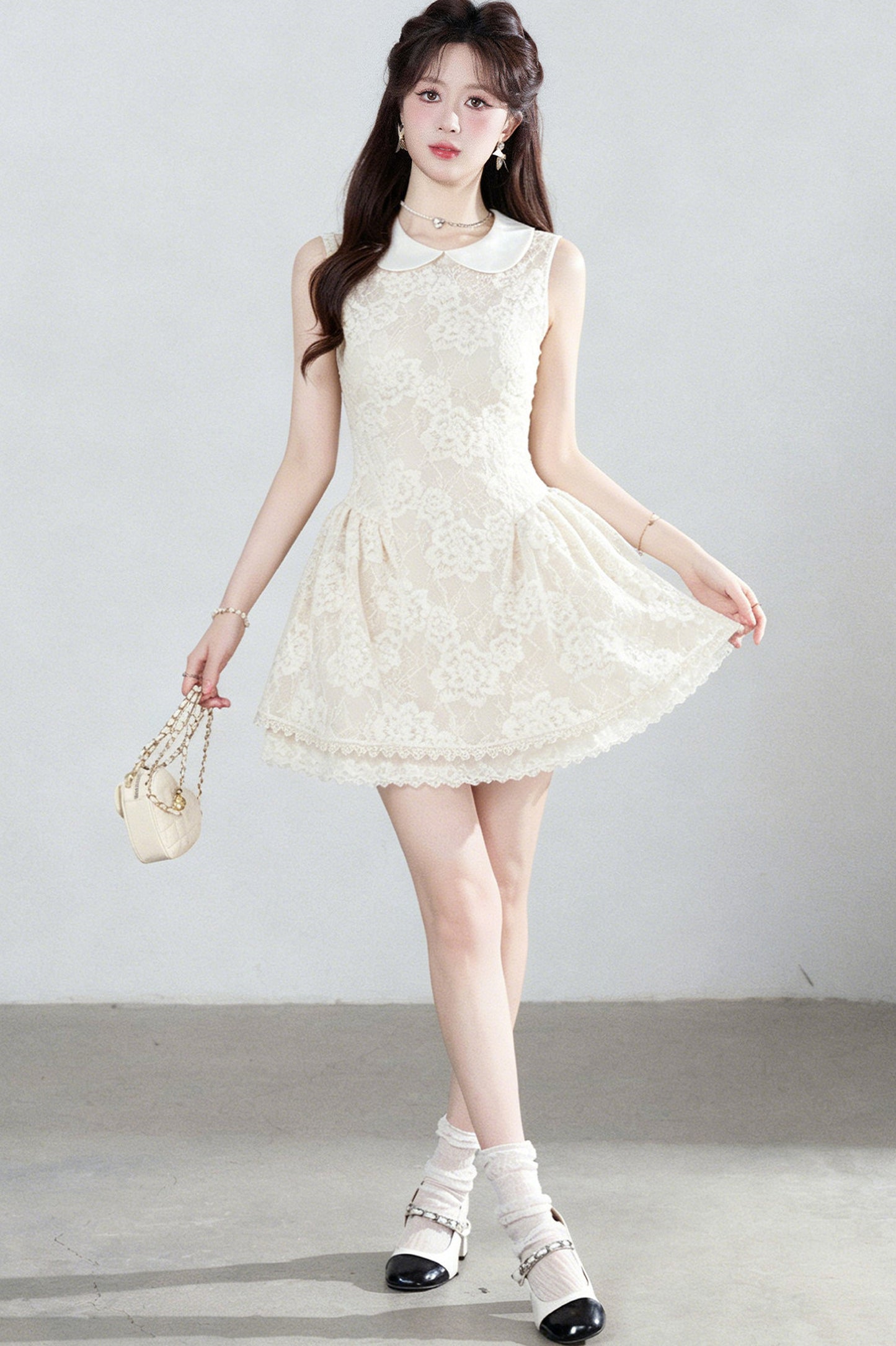 Sleeveless Lace Puffy Doll Collar Dress