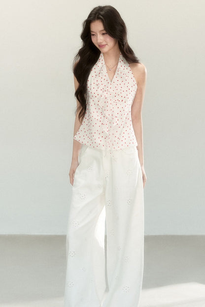 White Polka Dot Chiffon Halter Top