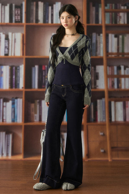 Short Argyle Cardigan and Cami and Pants Set-Up