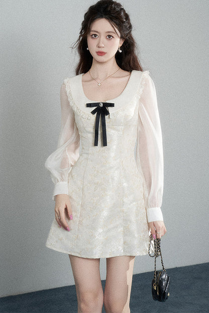 Waist-Cinching A-Line Jacquard Long-Sleeve Dress