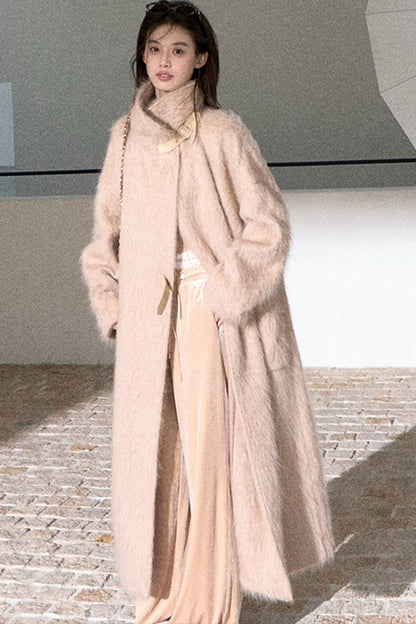 Brushed Cashmere Silk Funnel Collar Coat