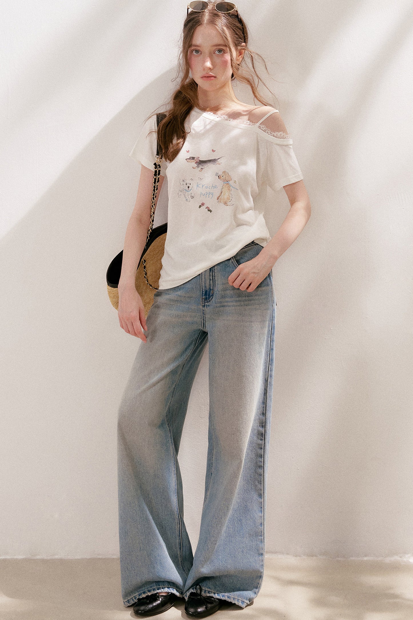 Lace Tie-Up Wide-Leg Jeans