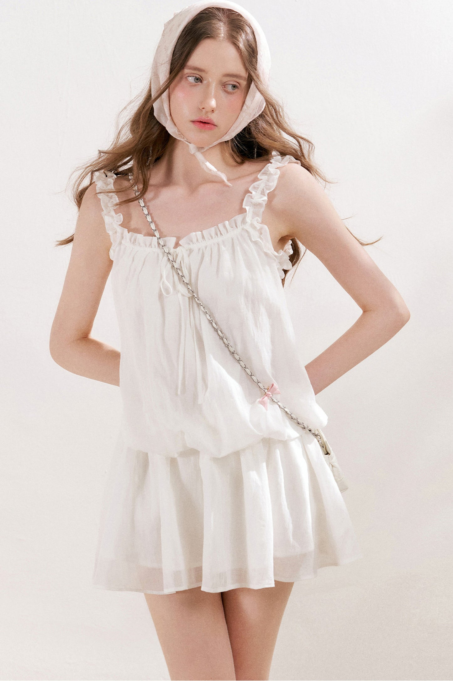 French Style Puff Sleeve Ruffle Trim Cardigan and Dress Set