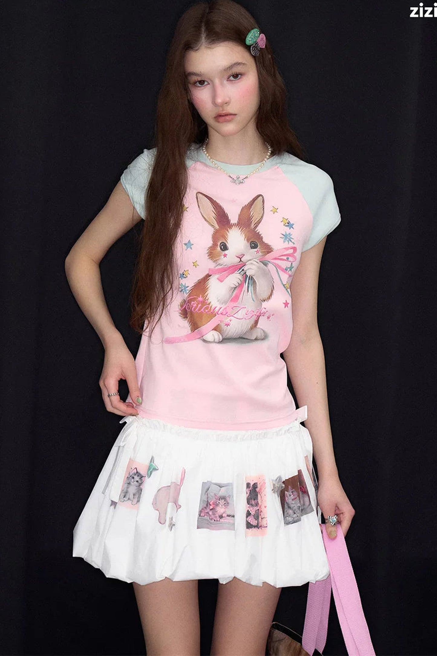 Retro Raglan Rabbit Print Top