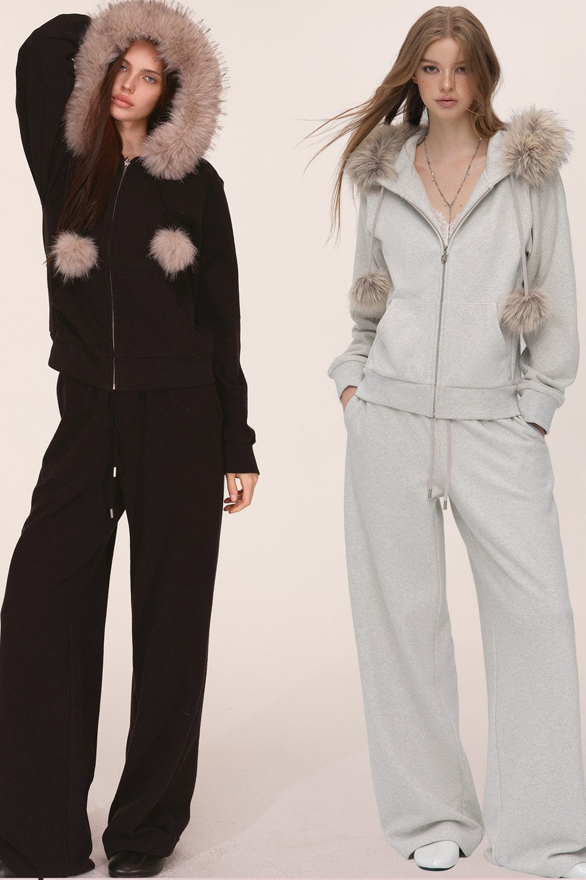 Fur Trim Hooded Sweatshirt and Sweatpants Set-Up