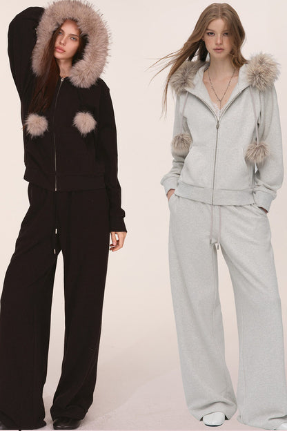 Fur Trim Hooded Sweatshirt and Sweatpants Set-Up