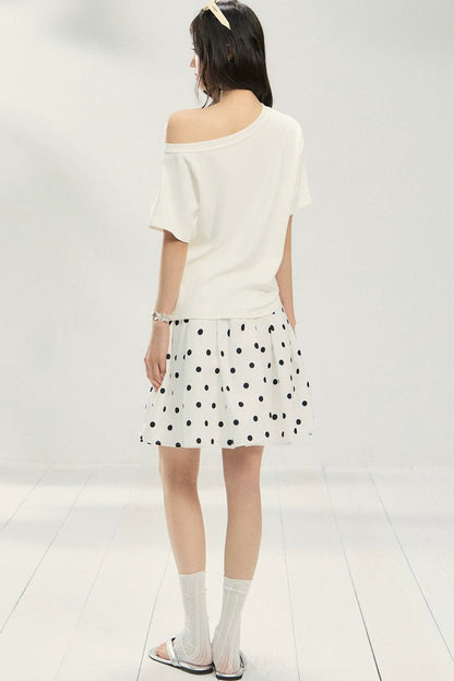 White Puppy Print Off-Shoulder Tee