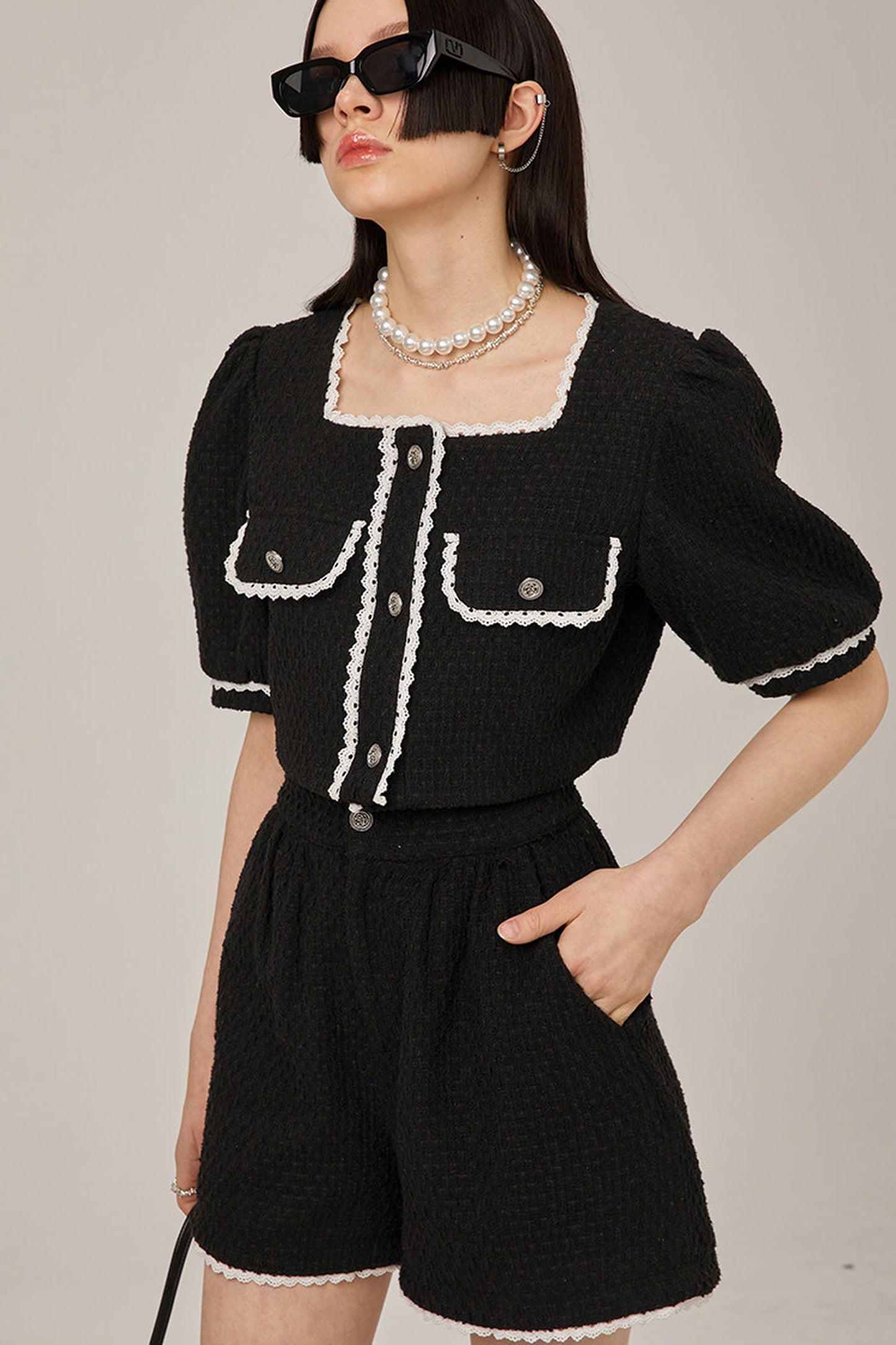 High-Waisted Lace Trim Tweed Shorts