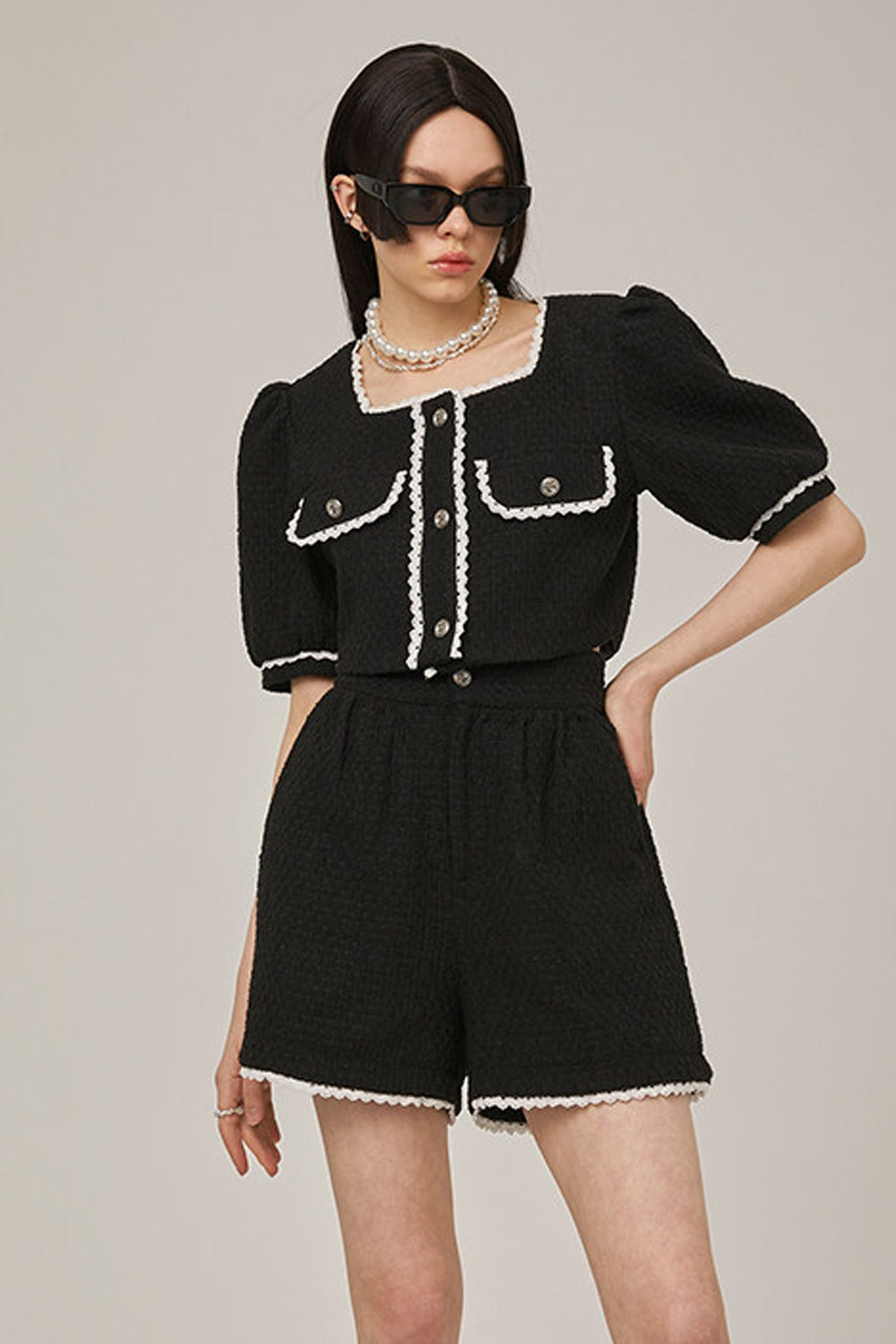 High-Waisted Lace Trim Tweed Shorts