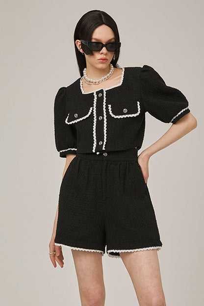 High-Waisted Lace Trim Tweed Shorts