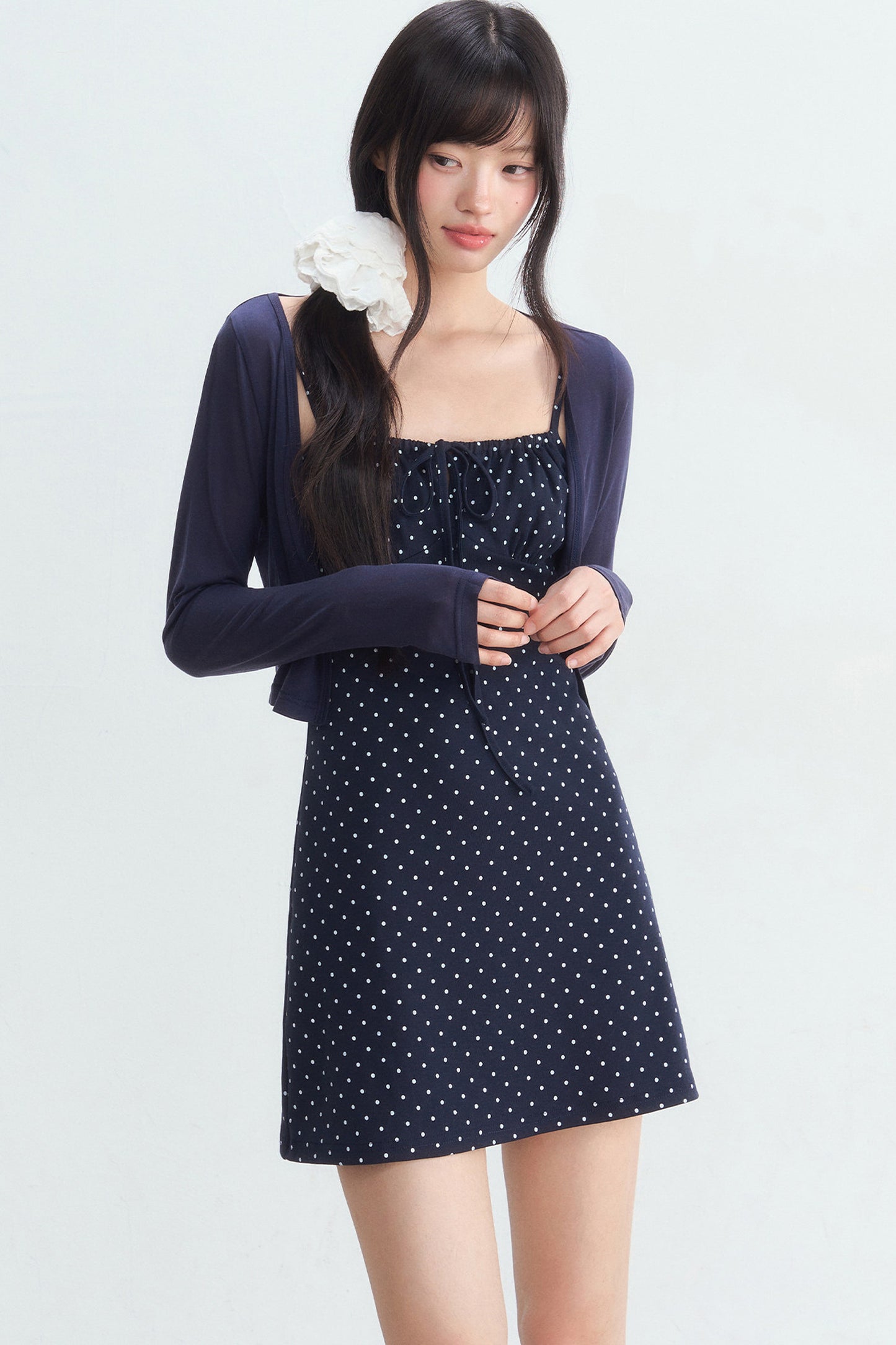Navy Polka Dot Suspender Dress With Cardigan