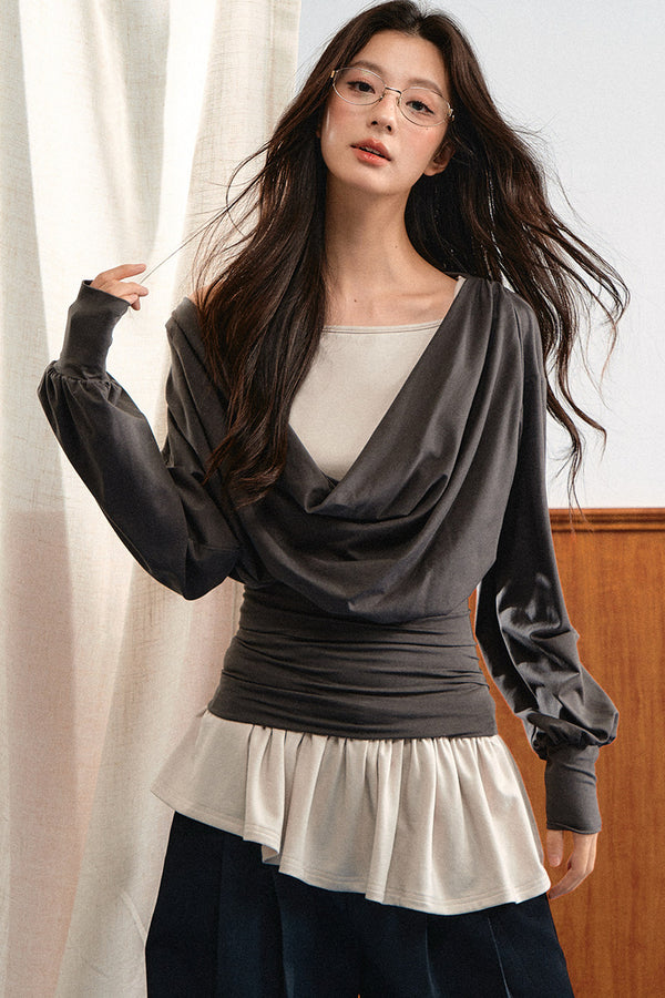 Draped Ruched Blouse and Inner Top Set-Up