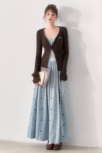 Slim Fit Polka Dot Dress and Knit Cardigan